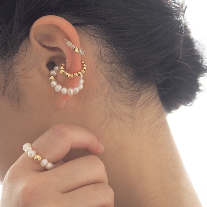 \ Value / Ring Cuff Ear Cuff 3set | Freshwater Pearl, Czech Beads, Gold | June Birthstone | EC-Set8 - 戒指 - 珍珠 白色