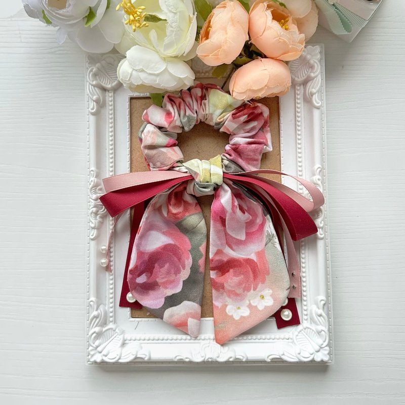 棉布长尾蝴蝶结发圈大肠圈发饰-油画感紫红色系花朵 - 发饰 - 其他材质 紫色