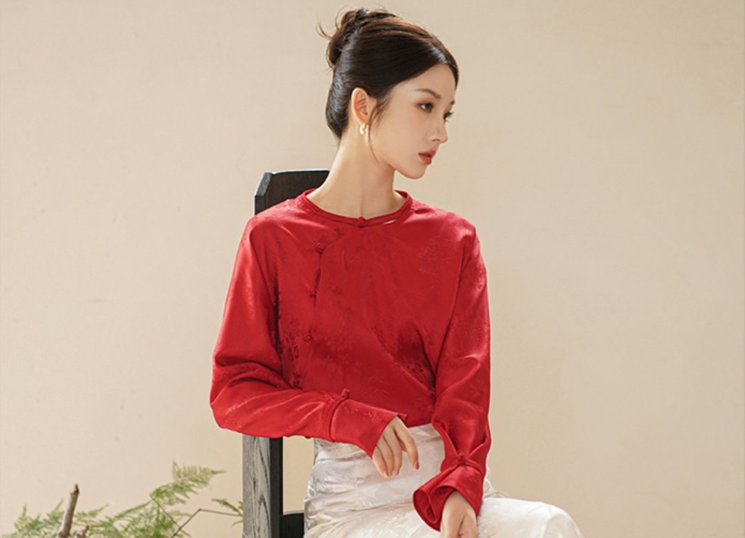 新中式复古中国风 中国红日常通勤 上衣/半裙 - 女装上衣 - 聚酯纤维 红色