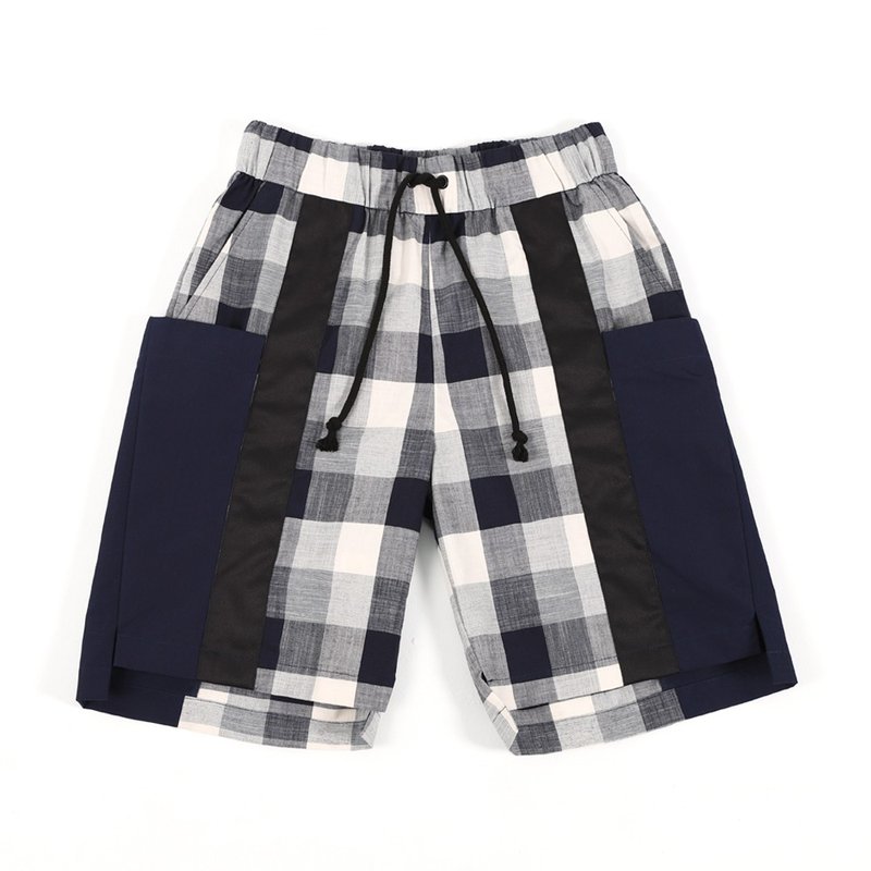 可扩容口袋抽绳短裤 (灰格) - 女装短裤 - 棉．麻 灰色