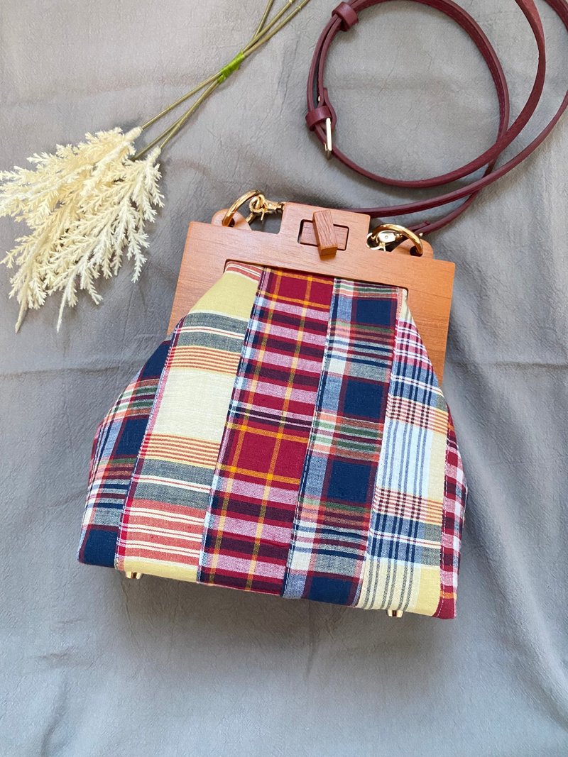 格子拼布木架锁扣袋/斜背包/侧背包 - 侧背包/斜挎包 - 棉．麻 多色