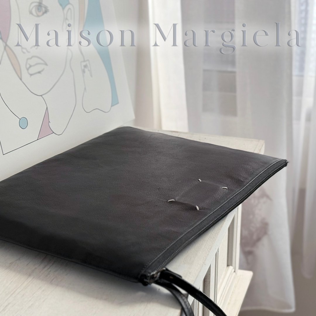 绝版 Maison Margiela 经典四线黑色荔枝纹真皮手拿包 附品齐全 - 手拿包 - 真皮 黑色