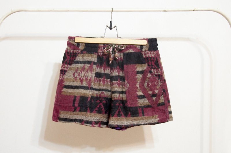 情人节礼物 女装 手工限量 民俗风 民族风拼接毛呢短裤 针织短裤 - 紫黑色调 几何民族图腾 - 女装短裤 - 羊毛 紫色