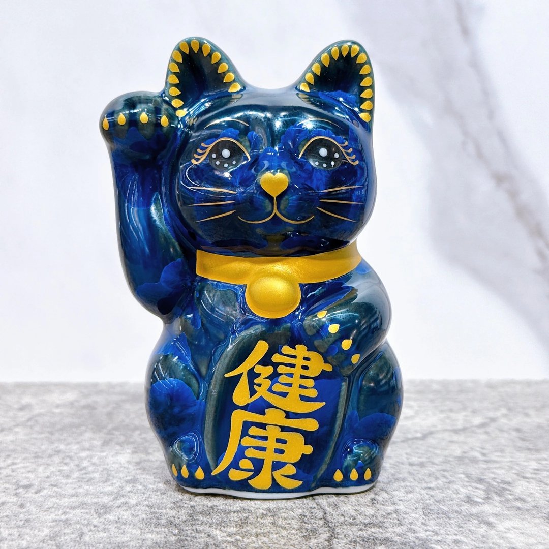 【静守安康】日本清水烧招财猫 | 青墨 健康 右 特小 - 摆饰 - 瓷 蓝色