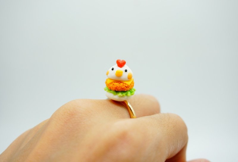 动物芝士汉堡包戒指圈袖珍食玩小鸡粉红猪棕熊猫咪汉堡戒指圈 - 戒指 - 粘土 多色