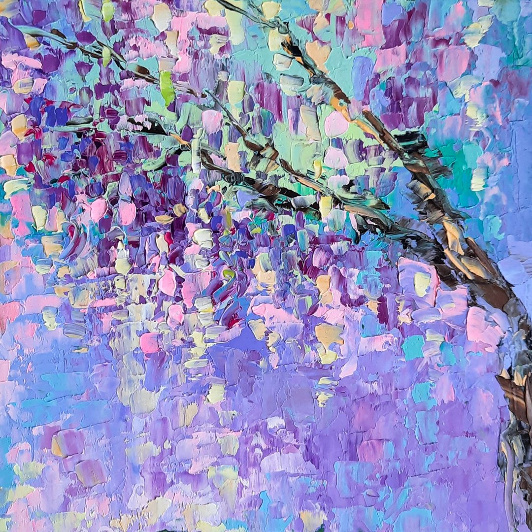 Wisteria Painting Floral Original Art Impasto Oil Painting Flowers Artwork - 海报/装饰画/版画 - 木头 紫色