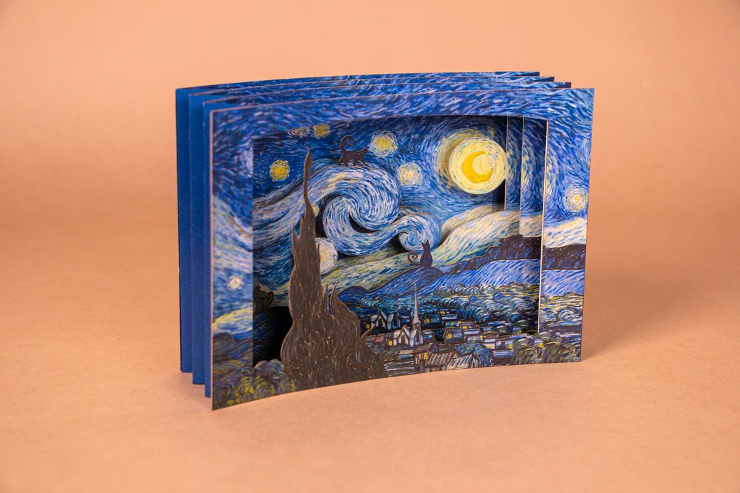 【立体名画卡片】梵谷 星夜-猫咪款/外星人款 | 精美 礼品 万用卡 - 卡片/明信片 - 纸 蓝色