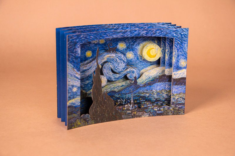【立体名画卡片】梵谷 星夜-猫咪款/外星人款 | 精美 礼品 万用卡 - 卡片/明信片 - 纸 蓝色