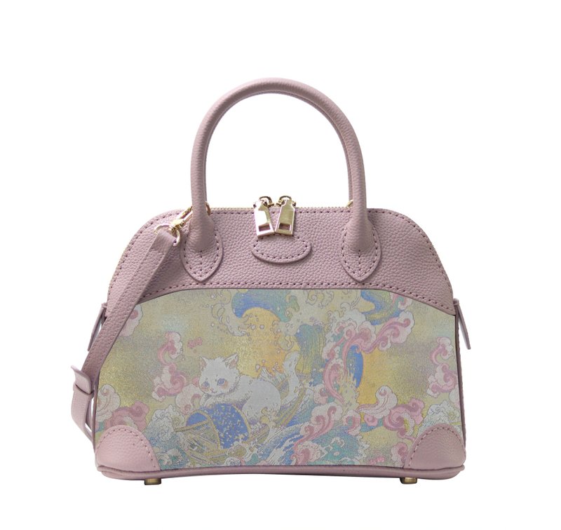 handmade全手缝真皮斜挎包手提包手作贝壳包新中式名家宋锦猫咪 - 侧背包/斜挎包 - 真皮 紫色