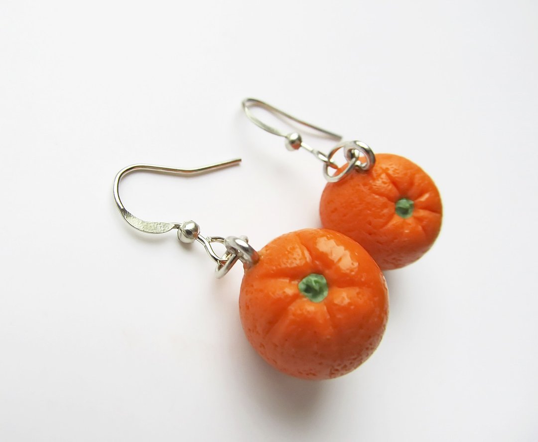Orange mandarin Earrings Botanical Food Jewelry Fruit earrings Vegetable berry - 耳环/耳夹 - 粘土 橘色