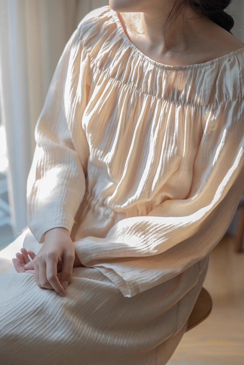 Local gal 日本进口面料珠光褶皱泡泡袖宽松系带洋装连身裙 - 洋装/连衣裙 - 聚酯纤维 白色