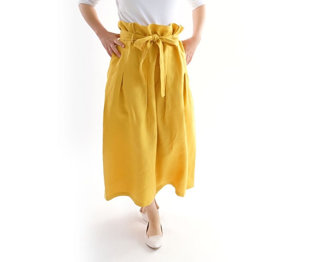 linen / linen skirt / skirt wit-h tuck / long length / long skirt / sk8-15 - 裙子 - 棉 黄色