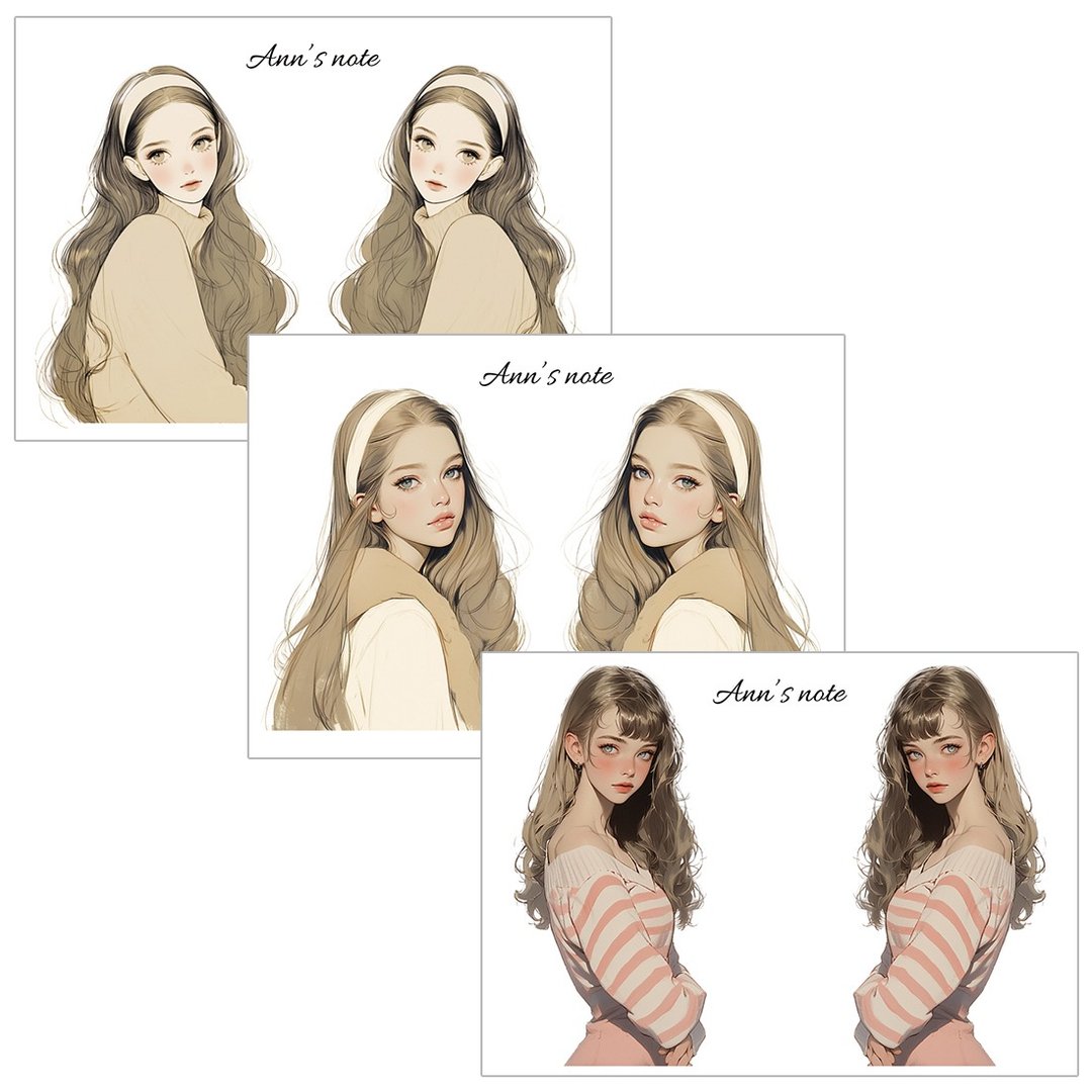 长发女孩3款组合贴纸 (anns note) 人物贴纸 女孩贴纸 - 贴纸 - 纸 卡其色