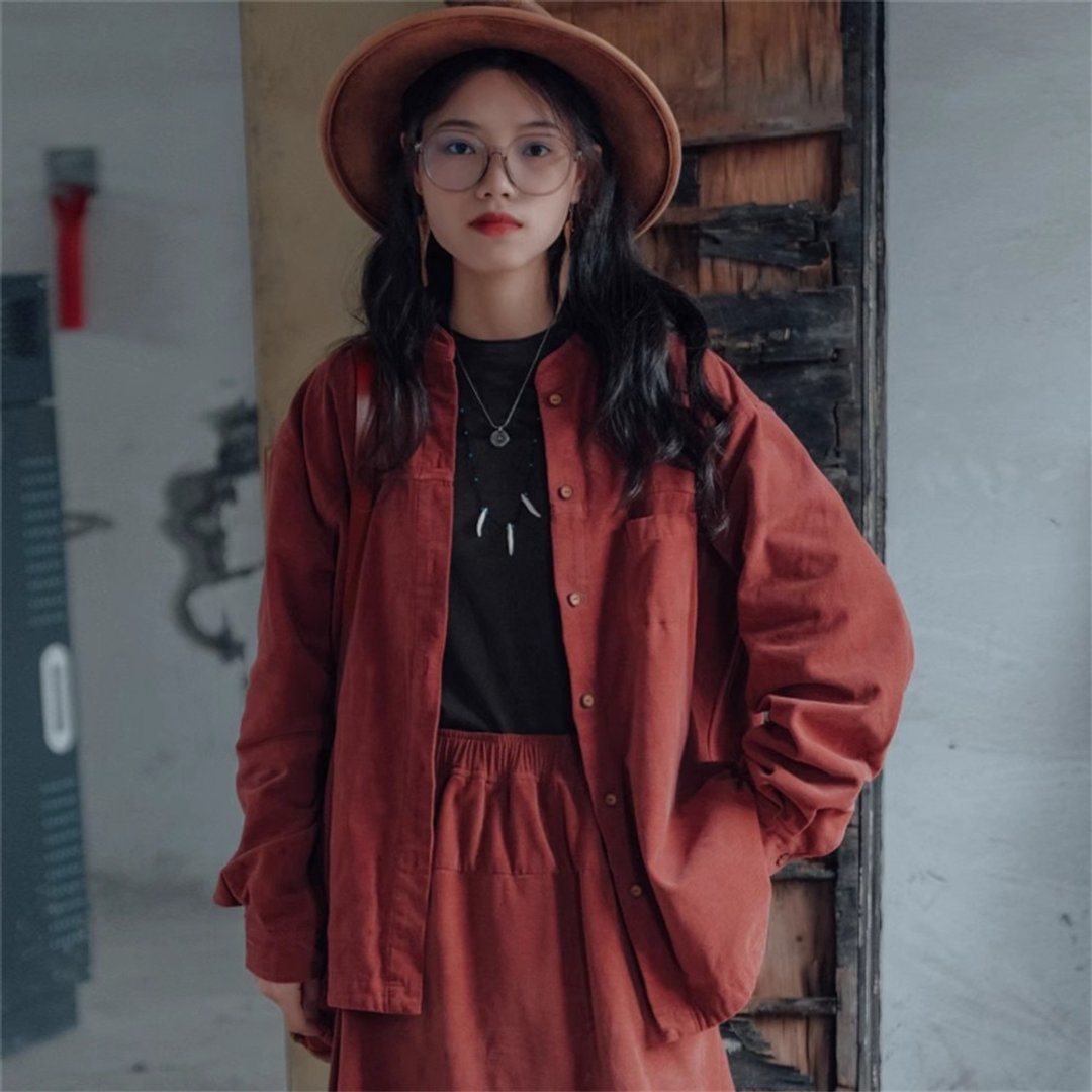 藏紅色 雙面短絨 長袖襯衫外套 - 女装休闲/机能外套 - 棉 红色