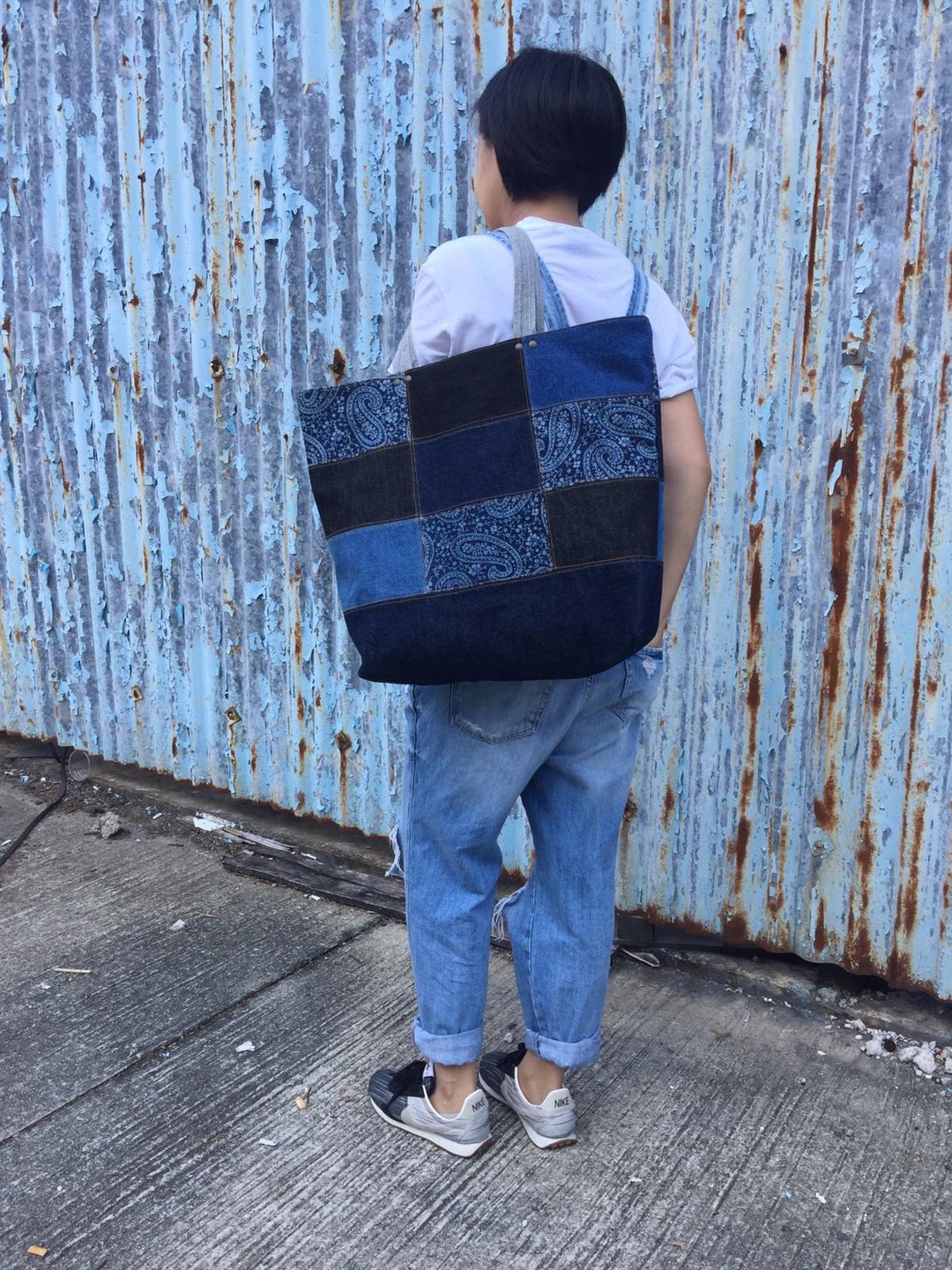 Denim Patchwork Tote Bag Set  牛仔拼布包 单肩 托特包连收纳袋 - 手提包/手提袋 - 棉 蓝色