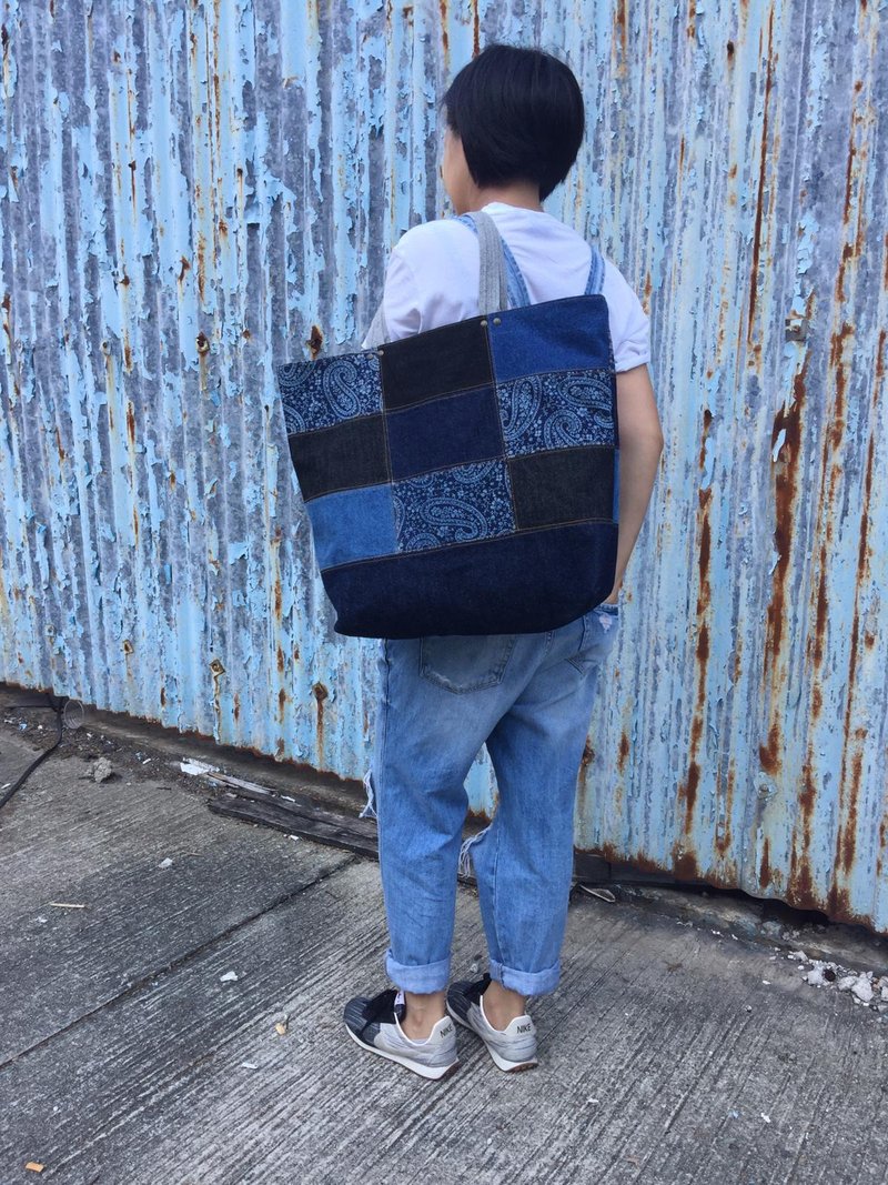 Denim Patchwork Tote Bag Set  牛仔拼布包 单肩 托特包连收纳袋 - 手提包/手提袋 - 棉．麻 蓝色