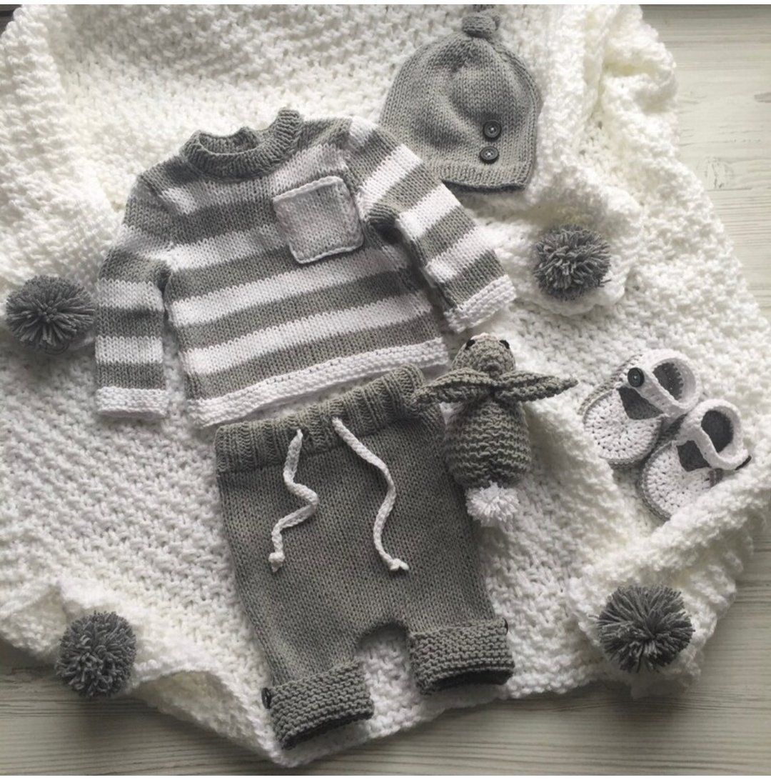 Hand knit set for baby boy: sweater, pants, hat, booties, blanket, bunny toy. - 其他 - 其他材质 