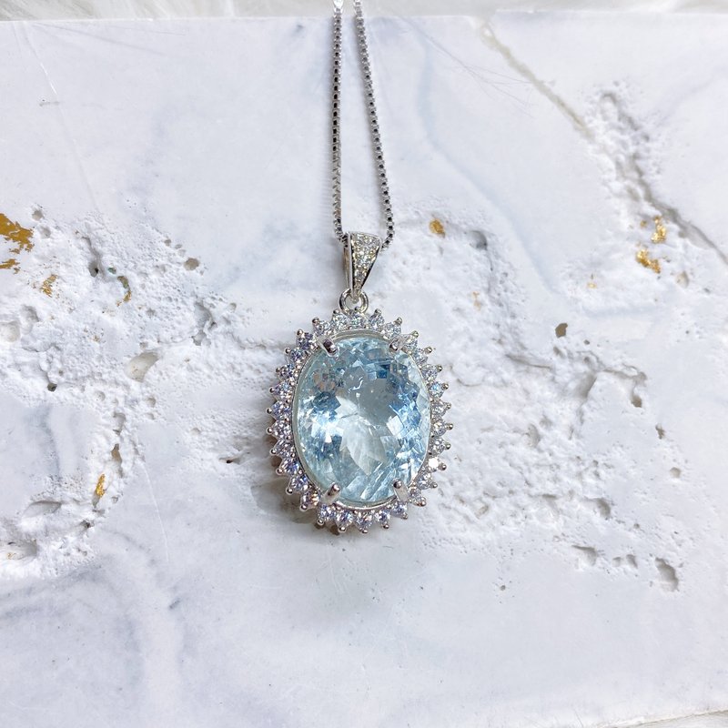 3月诞生石 天然海水蓝宝 复刻海蓝宝项链 12.16克拉 925纯银 - 项链 - 宝石 蓝色