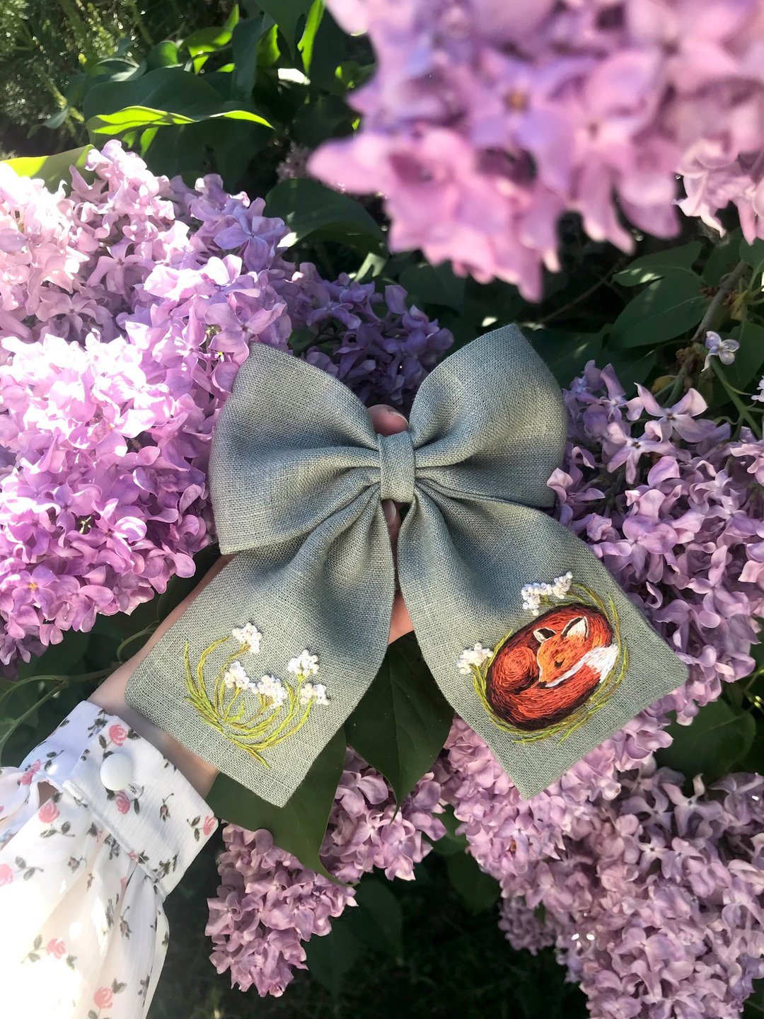 Embroidered hair bow , bow for hair , linen bow - 发饰 - 亚麻 绿色