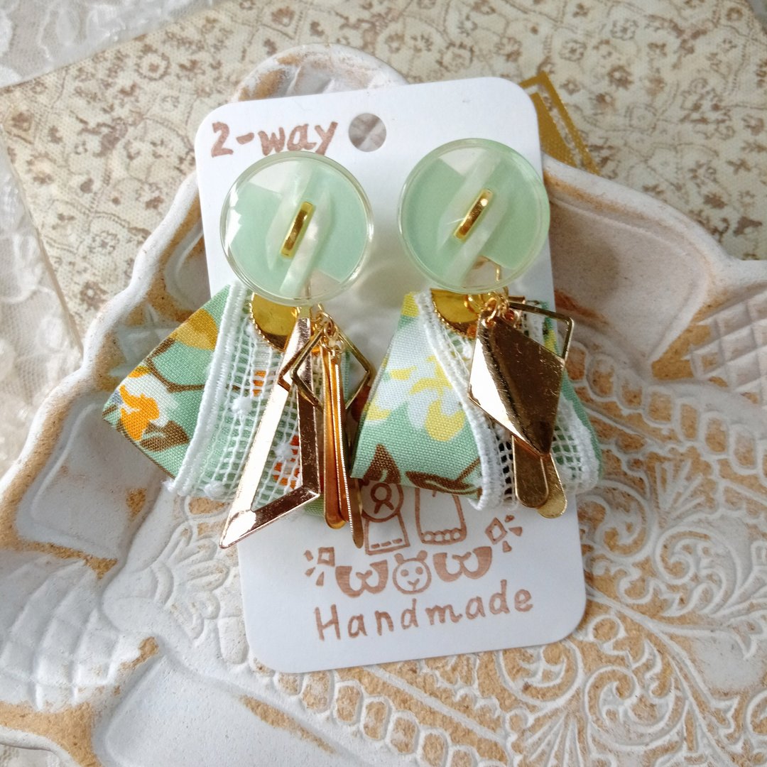 wow handmade 哈密瓜缎带 复古钮扣耳环 2way设计 - 耳环/耳夹 - 其他材质 