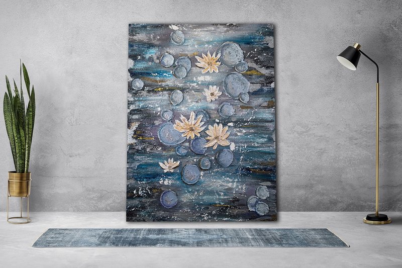 艺术家的蓝色原始纹理绘画，睡莲 - 墙贴/壁贴 - 压克力 蓝色