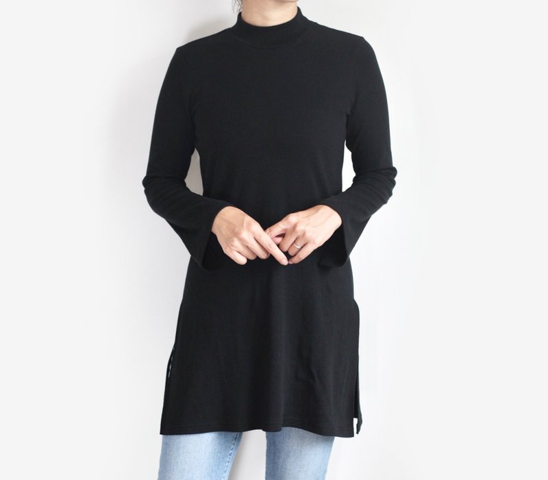 讲究版型，专为大人设计的高领长版T恤 - 洋装/连衣裙 - 棉．麻 黑色