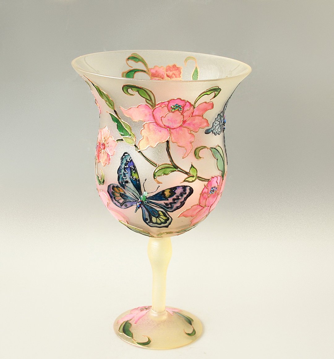 Glass Vase Blue Butterflies and Peonies Swarovski Crystals Hand Painted - 摆饰 - 玻璃 多色