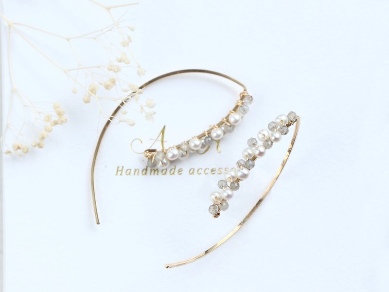 14kgf-labradorite and pearl marquis pierced earrings - 耳环/耳夹 - 宝石 银色