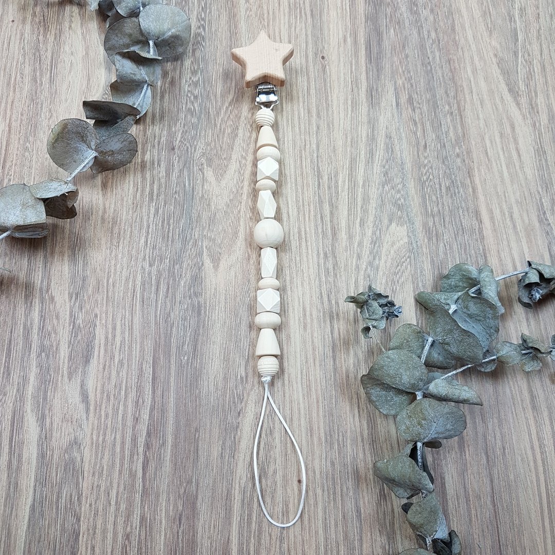 宝宝 婴儿 安抚 木头 奶嘴夹 奶嘴链  -星星-原木款-纹椎 - 奶瓶/奶嘴 - 木头 咖啡色