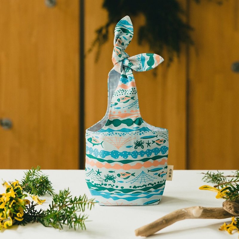 小胖兔耳袋/海的宝物_鱼群/浅水蓝 - 随行杯提袋/水壶袋 - 棉．麻 蓝色