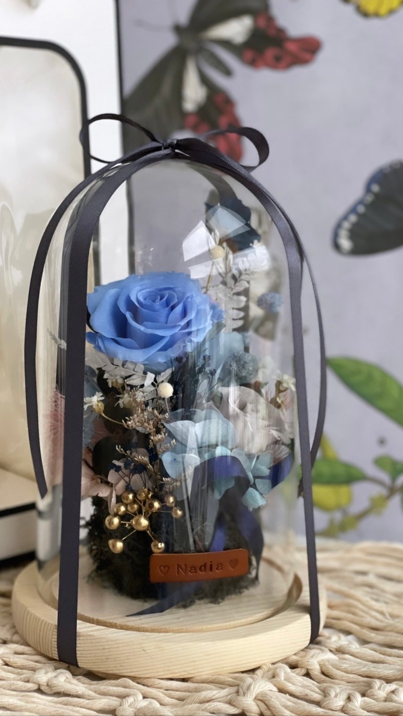【永生花玻璃钟罩】蓝色系 I 定制皮革标签 I 布置 - 摆饰 - 植物．花 蓝色
