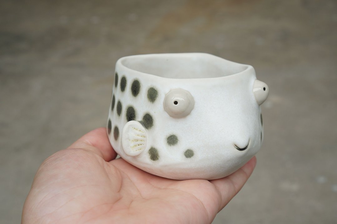Puffer pot , Puffer plant pot , Handmade ceramics , pottery - 花瓶/陶器 - 陶 白色