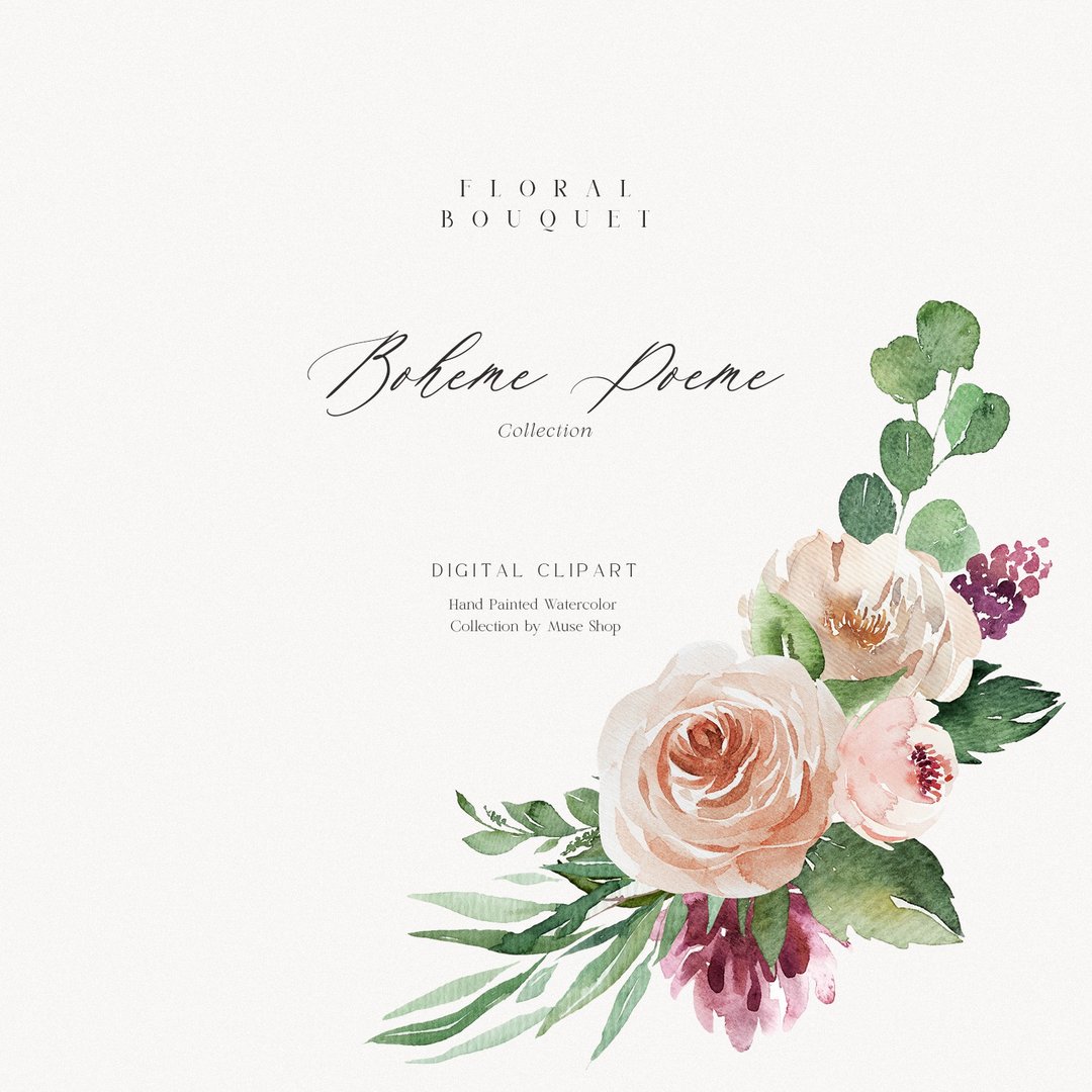 Watercolor Floral Digital Clipart, Watercolor Greenery Blush Floral Bouquet - 电子手绘真人画像/绘画/插画 - 其他材质 