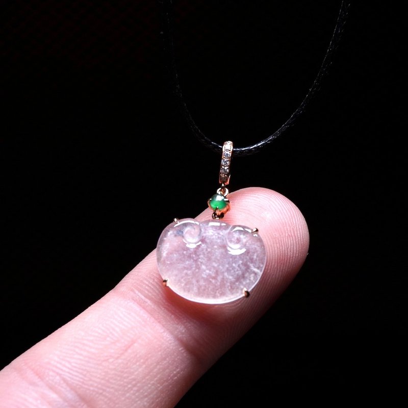 玻璃种翡翠如意项链 18K金钻石 | 天然缅甸玉A货翡翠 | 送礼 - 吊饰 - 玉石 透明