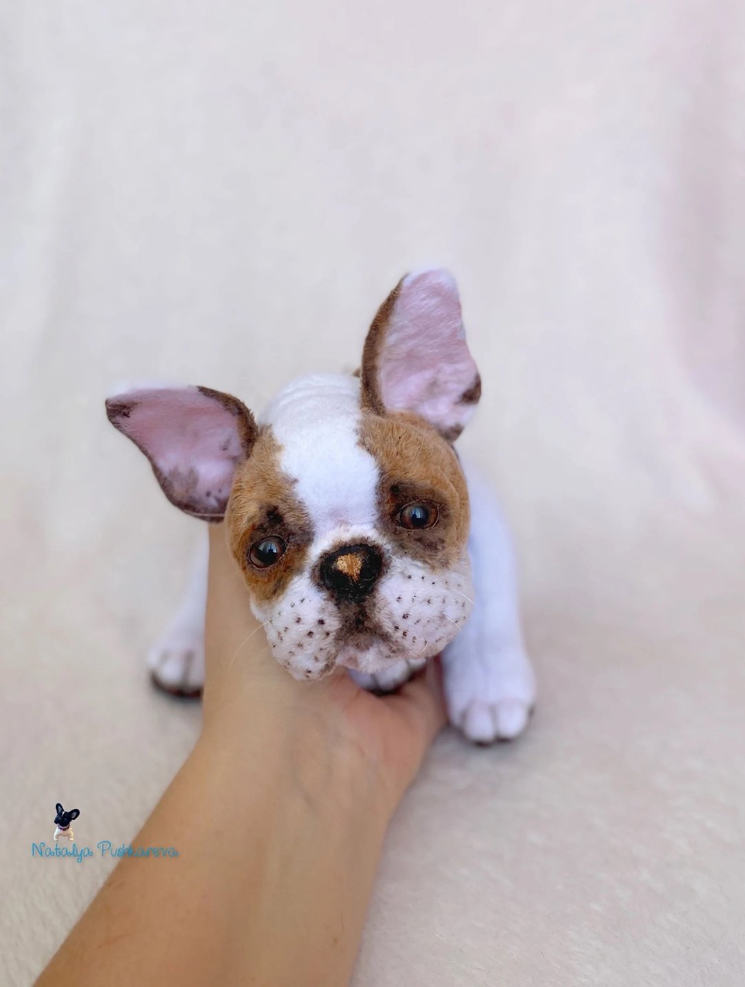 法国斗牛犬白色带红色斑点小狗逼真玩具 - 玩偶/公仔 - 聚酯纤维 白色