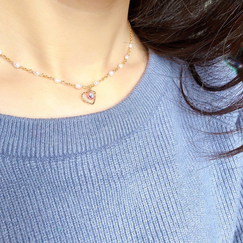 14KGF小珍珠项链 锁骨链 心形石吊坠 礼物 - 项链 - 珍珠 金色