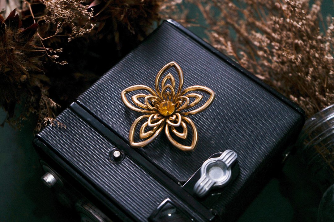 【老饰品/西洋老件】VINTAGE美国CORO金色镂空花型古着胸针 - 胸针 - 其他金属 银色