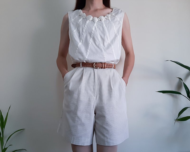 XS - 复古奶油米色条纹短裤夏季简约短腰 24.5 英寸 - 女装短裤 - 聚酯纤维 卡其色