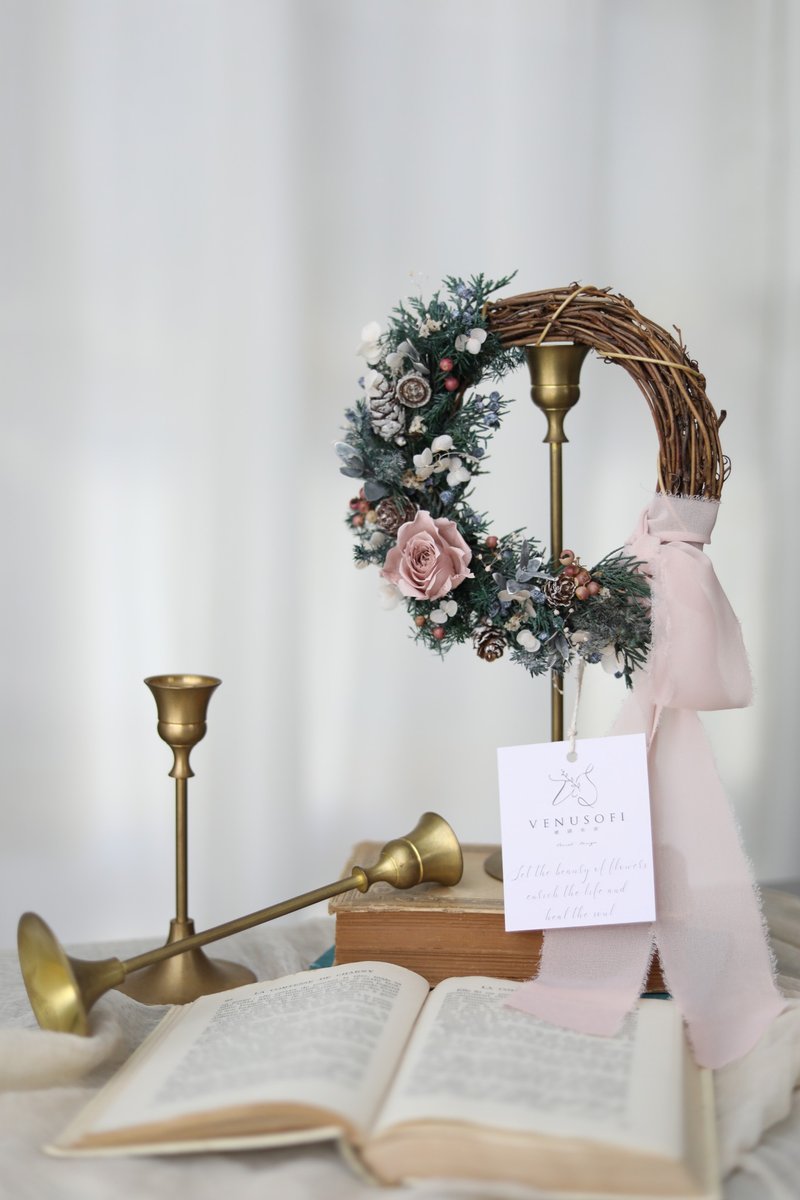 冬季浪漫圣诞花圈 粉红 / 交换礼物 永生花 不凋花 干燥花 - 干燥花/捧花 - 植物．花 