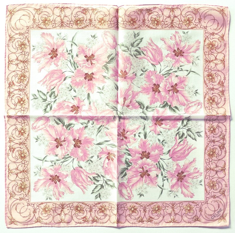 Celine Paris 古着手帕 浪漫花卉 19x19 英寸 - 手帕/方巾 - 棉．麻 粉红色