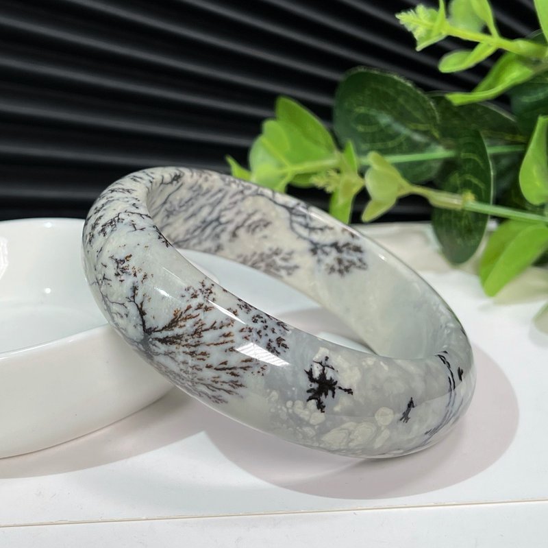 和田玉水墨丹青手镯59+MM 灰白国画风青花料玉手环 附证书 瓷度高 - 手链/手环 - 玉石 