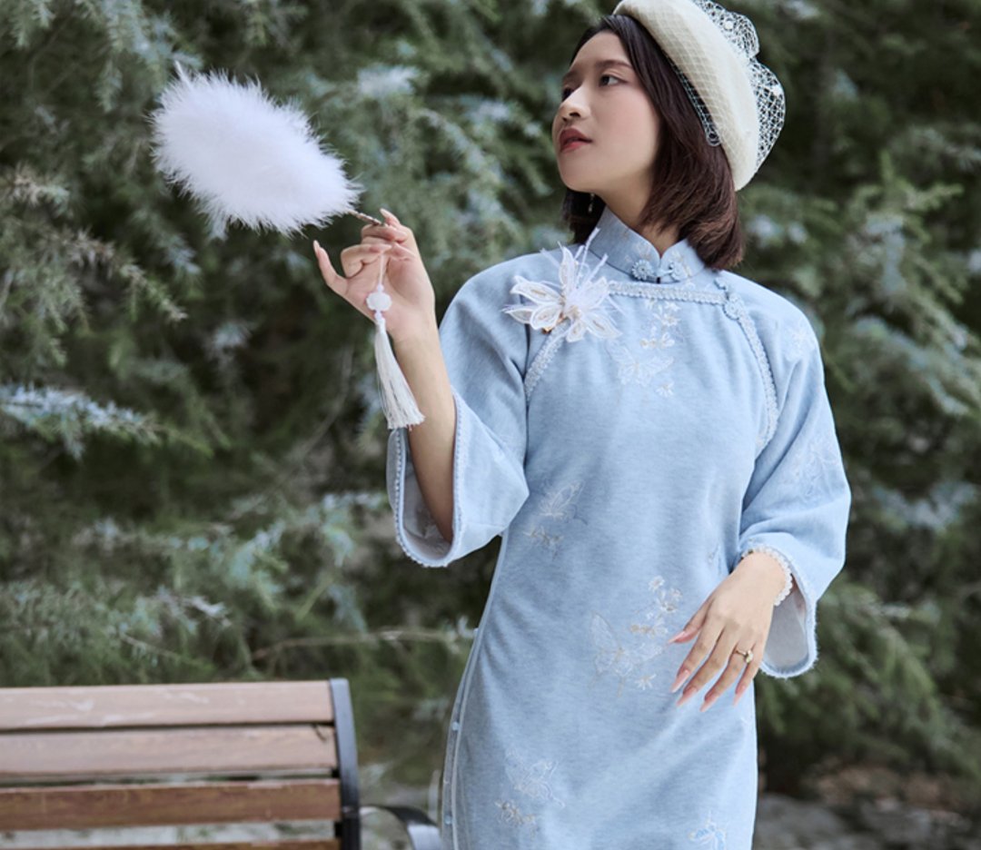 【小清欢】 新中式復古/仿羊绒绣花倒大袖/古法旗袍 - 旗袍 - 其他材质 蓝色
