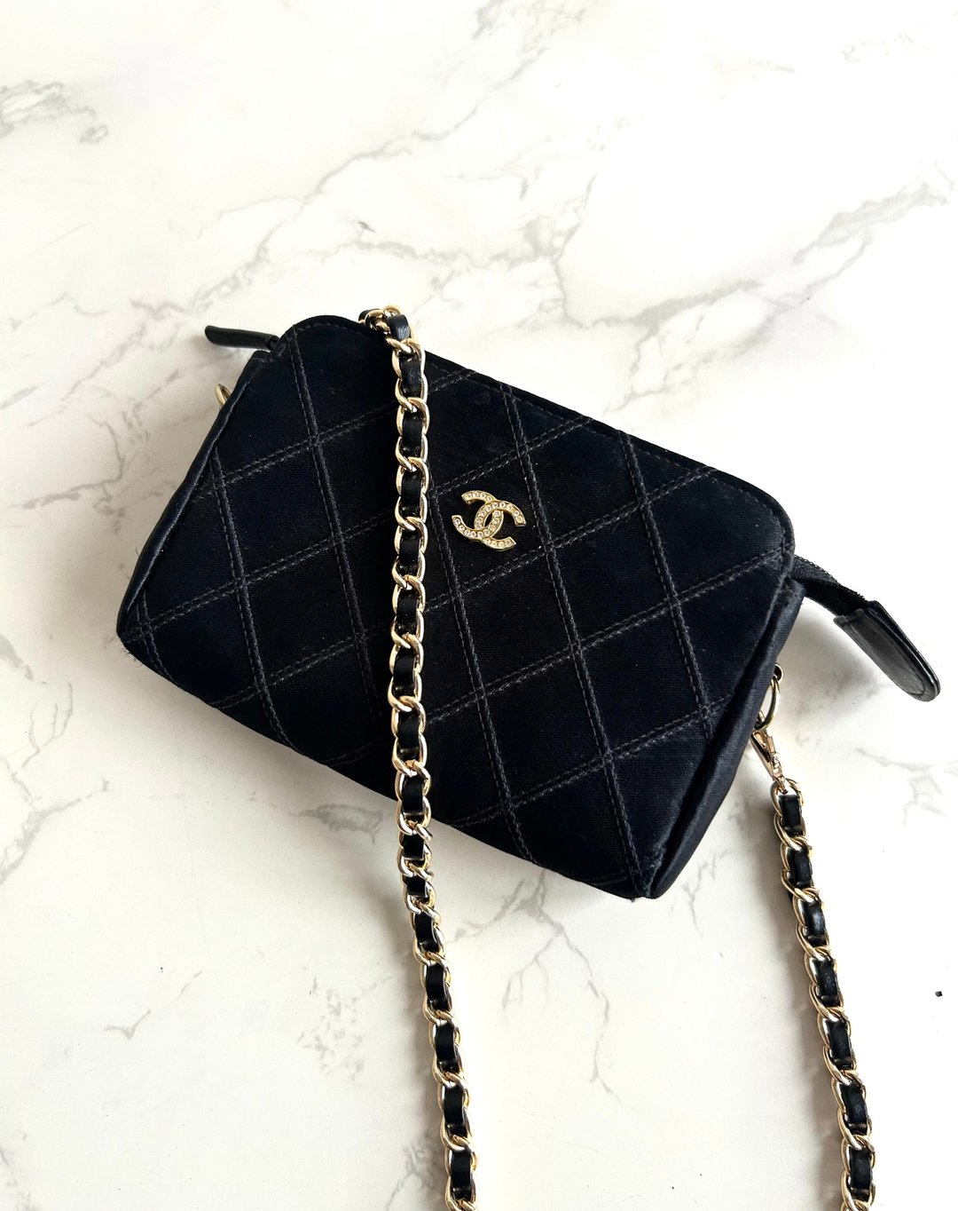绝版古董包 Chanel 黑色水钻丝绢包 侧背包 斜背包 中古二手小包 - 侧背包/斜挎包 - 真皮 黑色