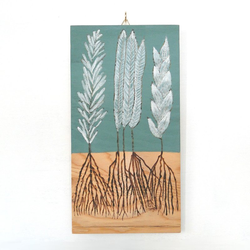 ３種の葉っぱのウッドバーニングアート 原画 絵画 植物の絵 木雑貨 木工 アナログイラスト アクリル画 - 海报/装饰画/版画 - 木头 绿色