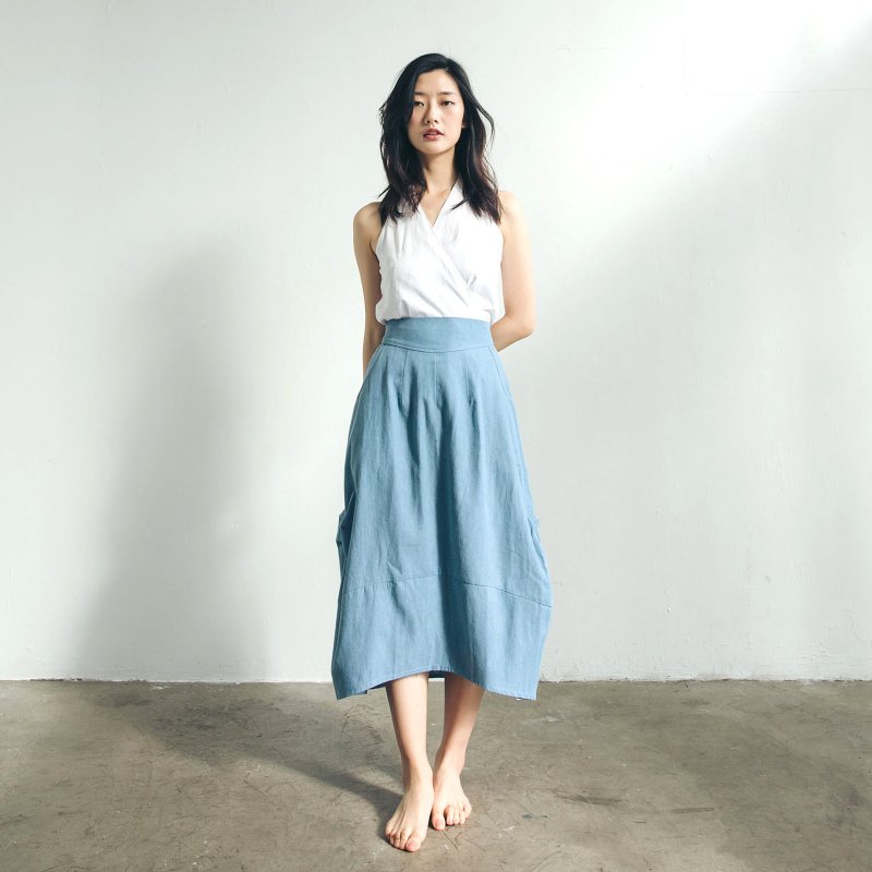 棉麻圆裙 - 丹宁 - 裙子 - 棉．麻 蓝色