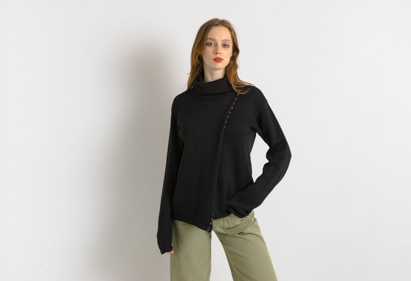 二手 00 年代 Rene Lezard 美丽诺羊毛黑色上衣 女款针织衫 7509 - 女装针织衫/毛衣 - 羊毛 黑色