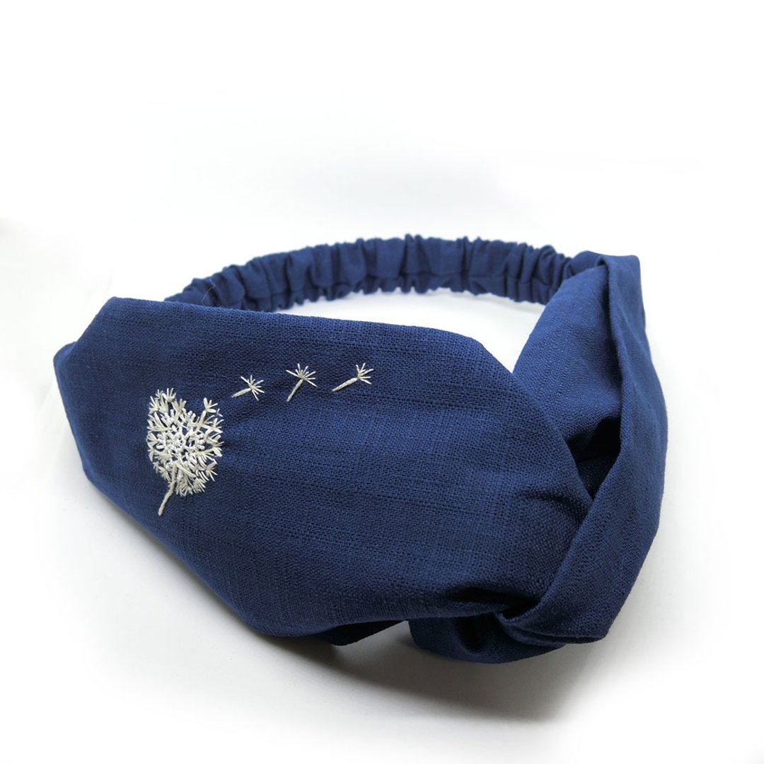【壳艺品】蒲公英100%纯手作刺绣发带 - 发带/发箍 - 棉 蓝色