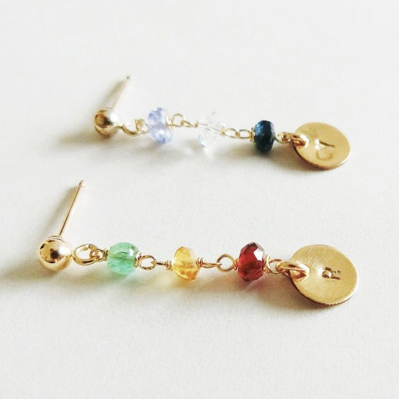 初始板和三个天然石耳针 - 耳环/耳夹 - 贵金属 金色