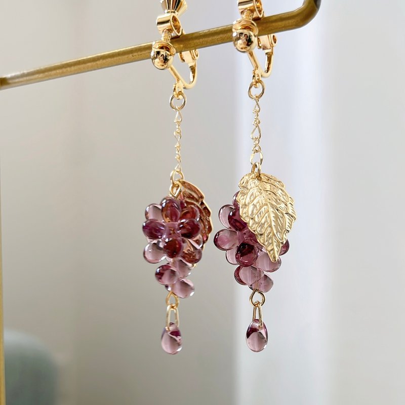 葡萄 葡萄耳环 捷克玻璃 水果耳环 - 耳环/耳夹 - 玻璃 紫色