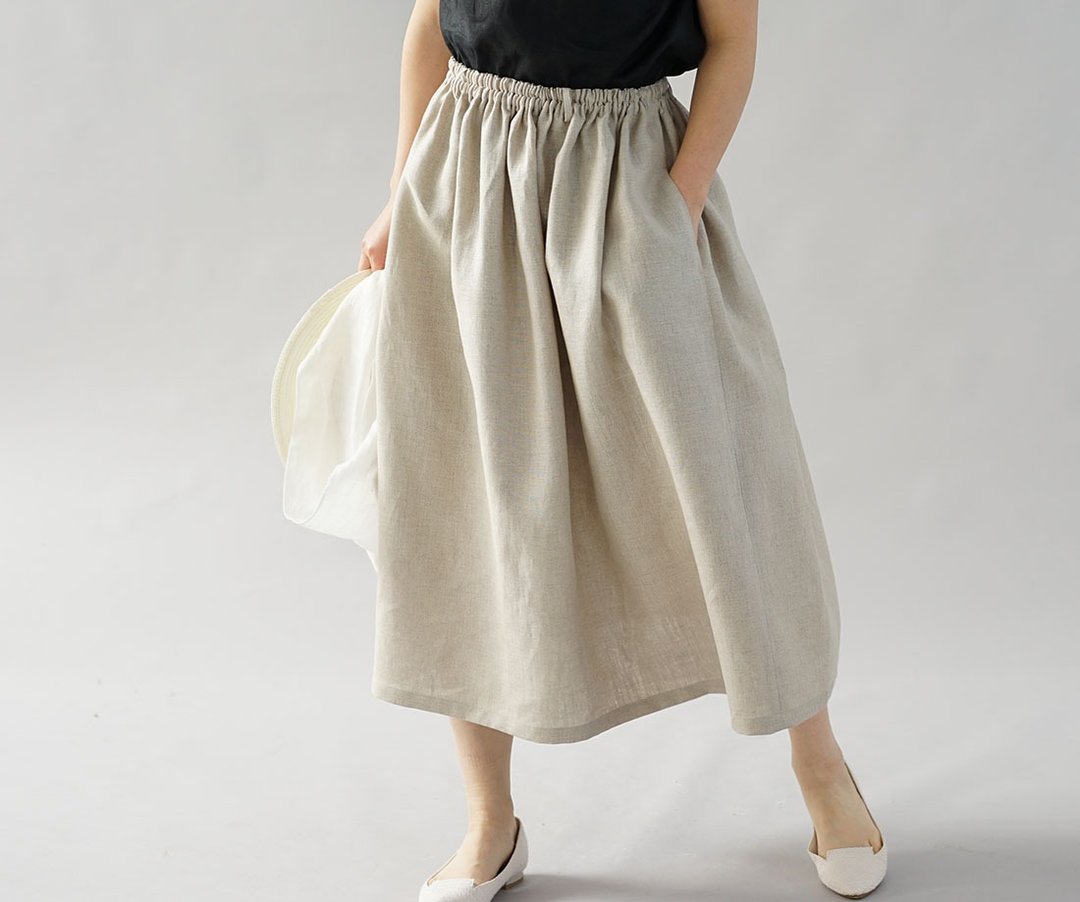 wafu - 純亞麻長裙 Midweight Linen Gathered Skirt / Flax s004b-amn2 - 裙子 - 亚麻 卡其色